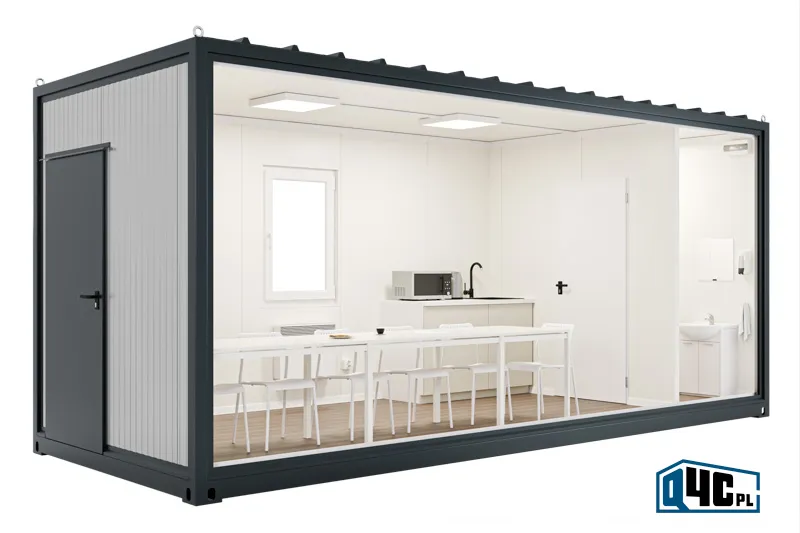 Kontener socjalny z toaletą i aneksem kuchennym - widok bez ściany